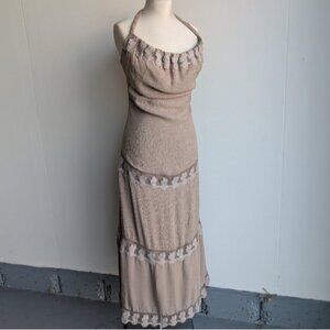 Ya-Ya 100% Silk Boho Beige Halter Maxi Dress with Lace Trim